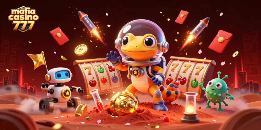 Experience the thrilling world of mafia casino 777 with vibrant visuals of Martian gecko discovering a golden casino.