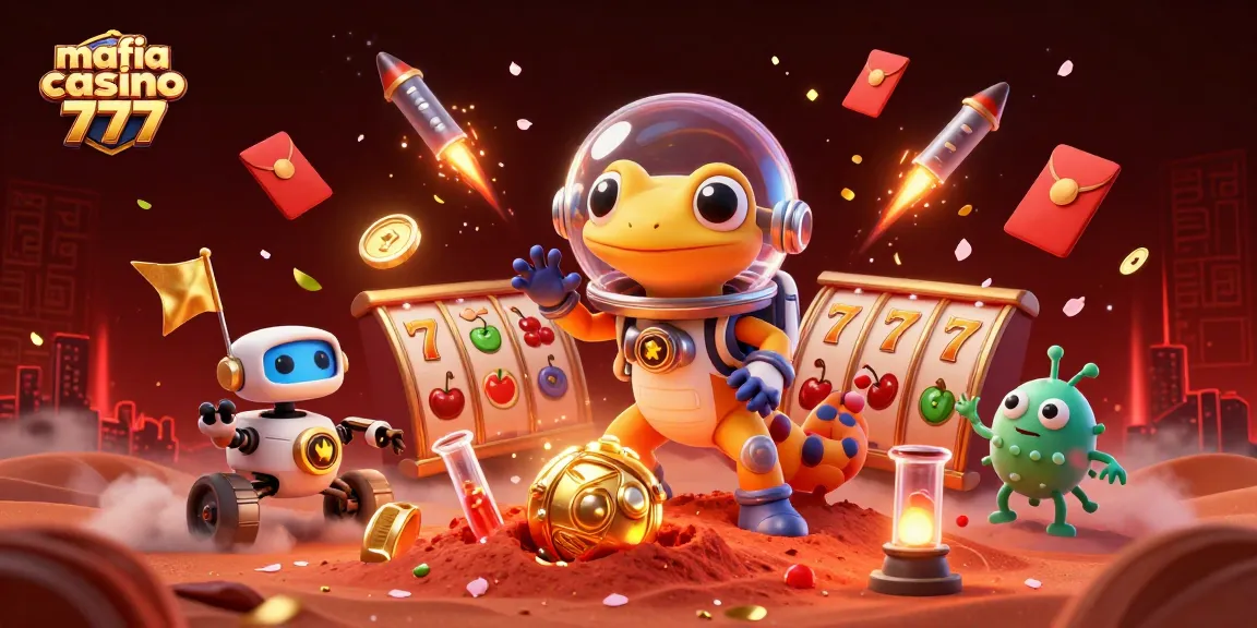 Experience the thrilling world of mafia casino 777 with vibrant visuals of Martian gecko discovering a golden casino.
