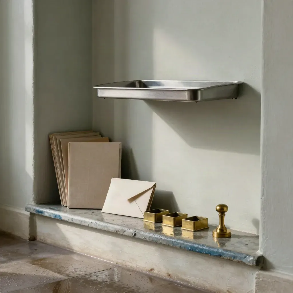 Ingresso in stucco con vassoio postale, cartelle chiuse e sigillo in ottone, luce morbida dopo la pioggia.