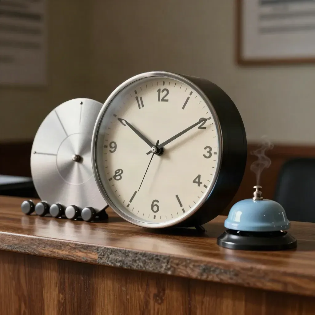 Orologio, disco calendario, pin magnetici e campanello su banco clinico con lieve vapore.
