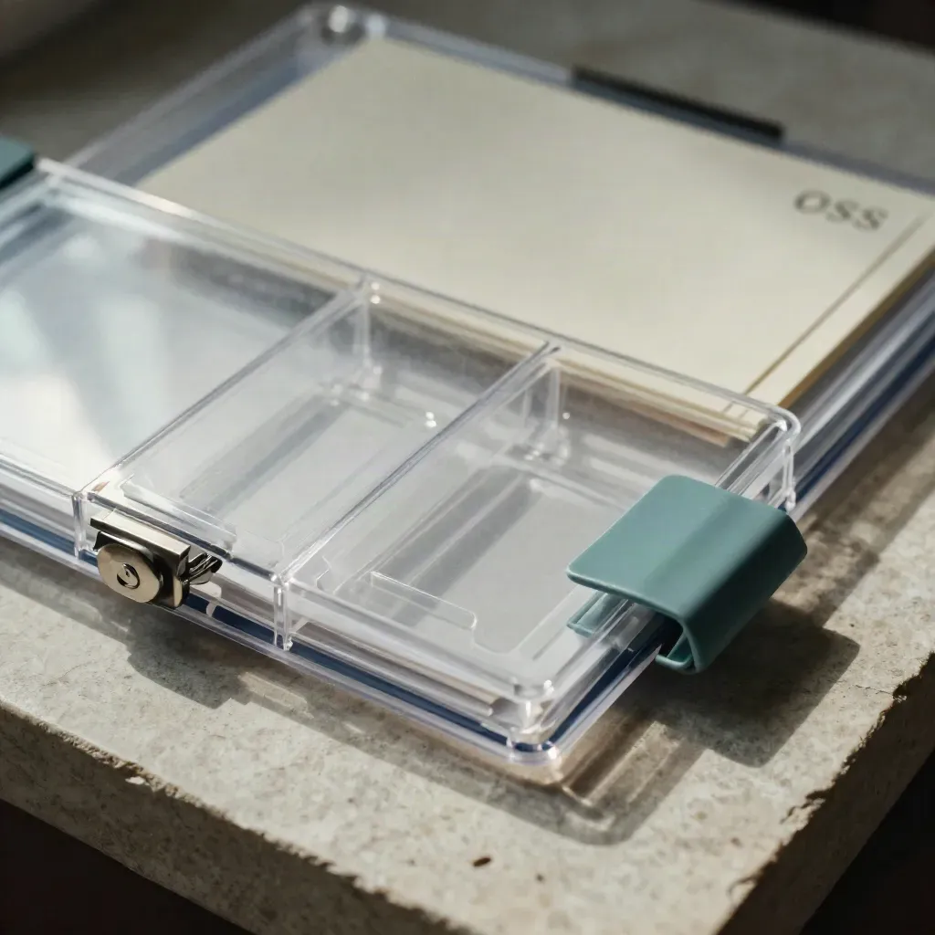 Custodia trasparente con fermo metallico e clip teal su pietra chiara, visto dall’alto.