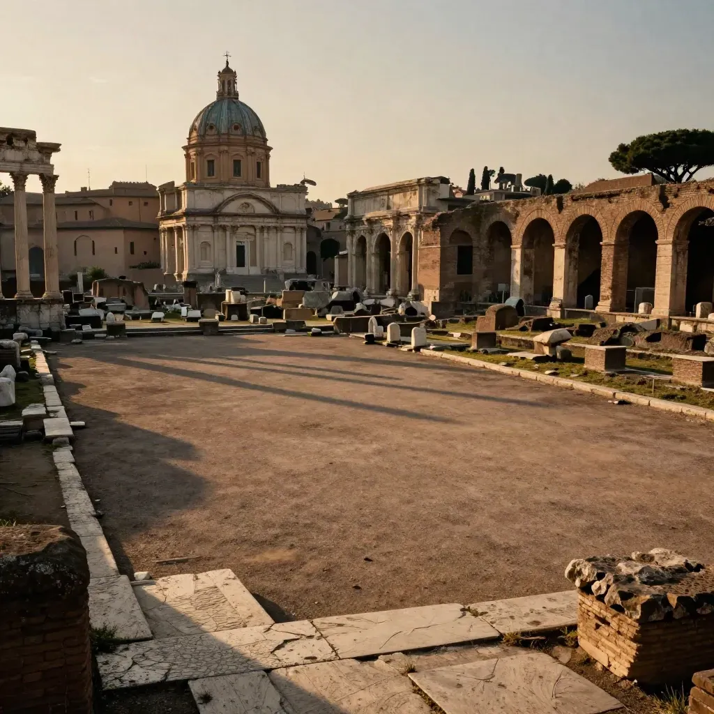 Veduta dorata di Roma antica con archi e cupole lontane sopra travertino caldo e spazio vuoto.